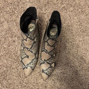 Vince Camuto Black and Tan Snake Print Booties